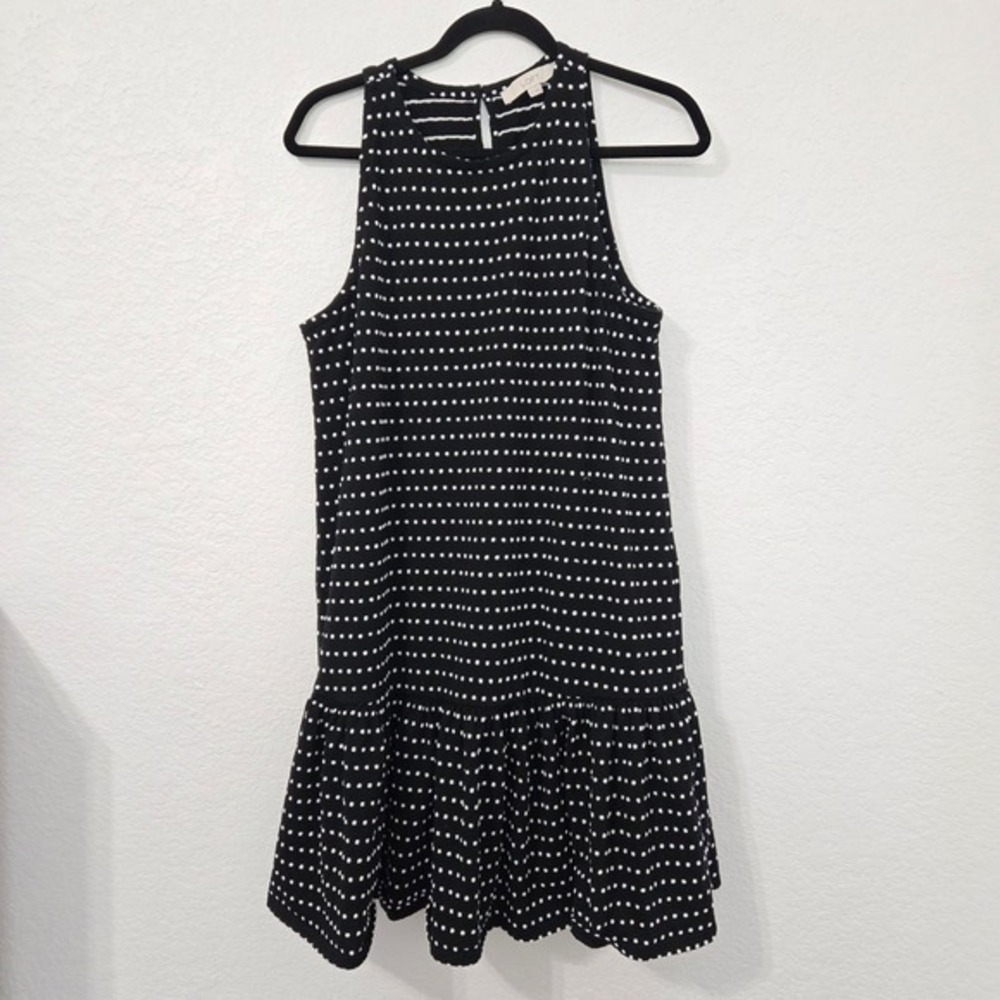 LOFT Black White Polka‎ Dot Sleeveless Ruffle Hem Dress M Cotton Stretch Fall